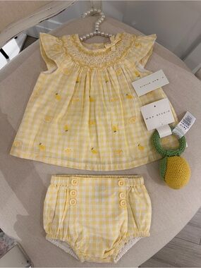 🍋 3~6 Mth 100% Cotton Embroidered Max Studio Gingham Lemon Smocked Baby Set NWT